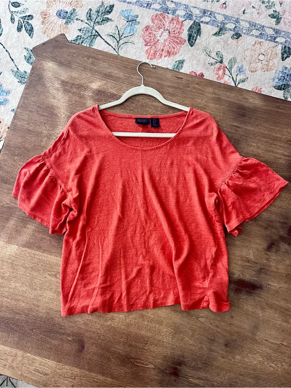RACHEL Rachel Roy Burnt Orange Ruffle Short Sleeve Tee 100% Linen